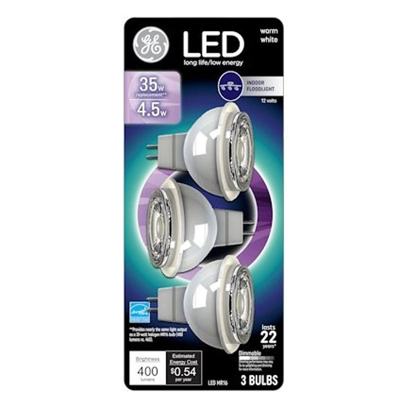 GE 93116243 LED Light Bulb, MR16 Lamp, 35 W Equivalent, GU5.3 Lamp Base, Dimmable, Clear, White Light, 3000 K Color Temp