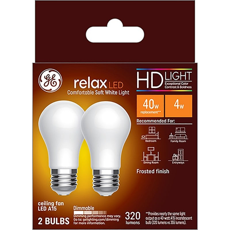 GE Relax 31374 Replacement Bulb, High-Definition, A15 Lamp, 40 W Equivalent, Medium (E26) Lamp Base, Dimmable, White