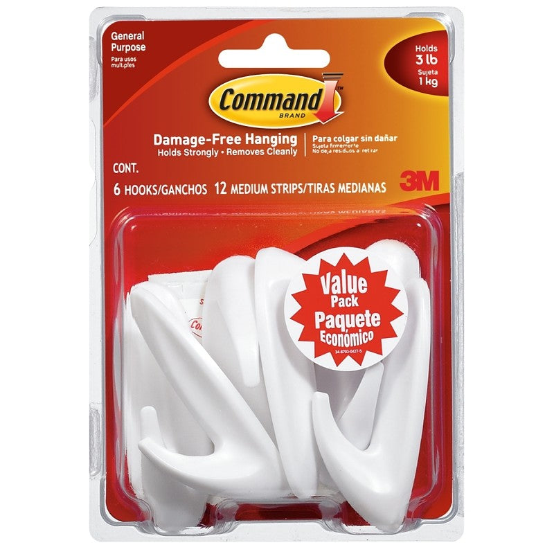 Command 17081-VP-6PK Designer Hook, 3 lb, 6-Hook, Plastic, White