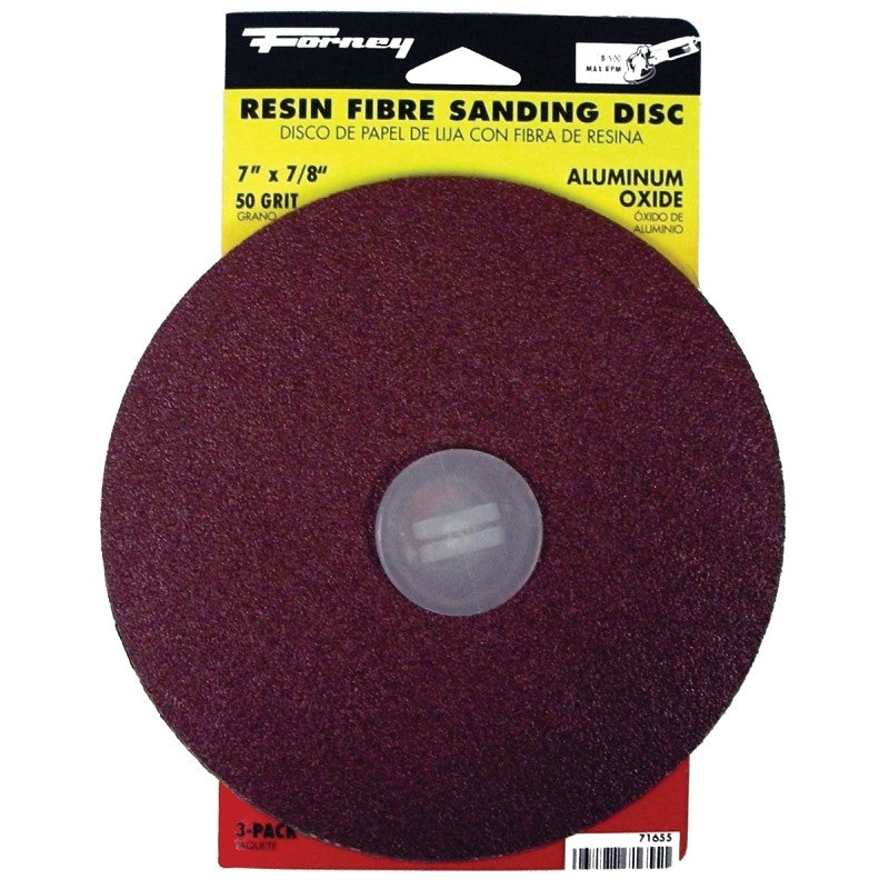 Forney 71655 Sanding Disc, 7 in Dia, 7/8 in Arbor, Coated, 50 Grit, Coarse, Aluminum Oxide Abrasive