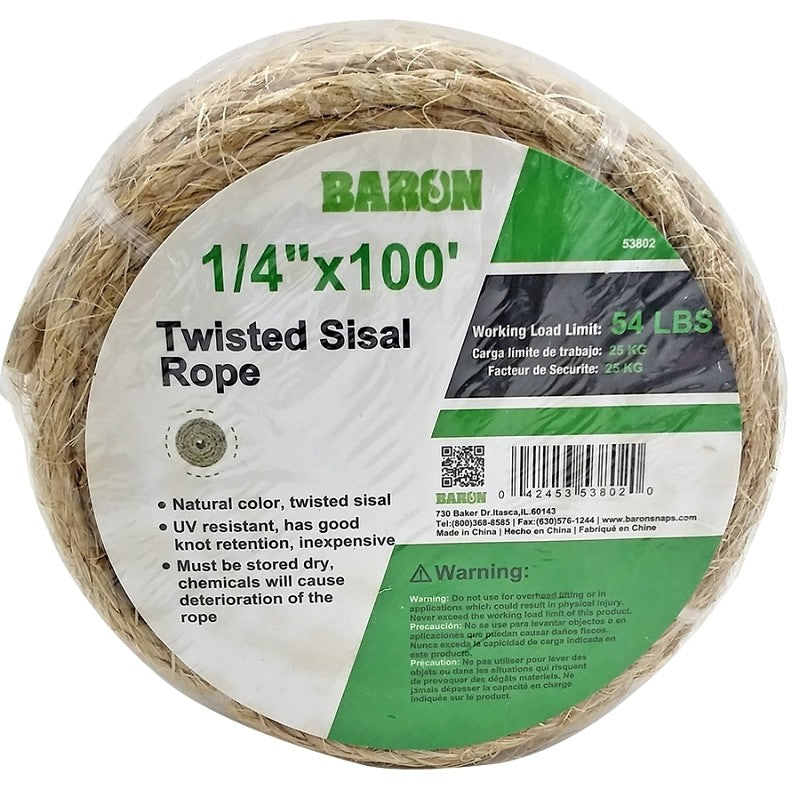 Baron 53802 Utility Rope, 1/4 in Dia, 100 ft L, 54 lb Working Load, Sisal
