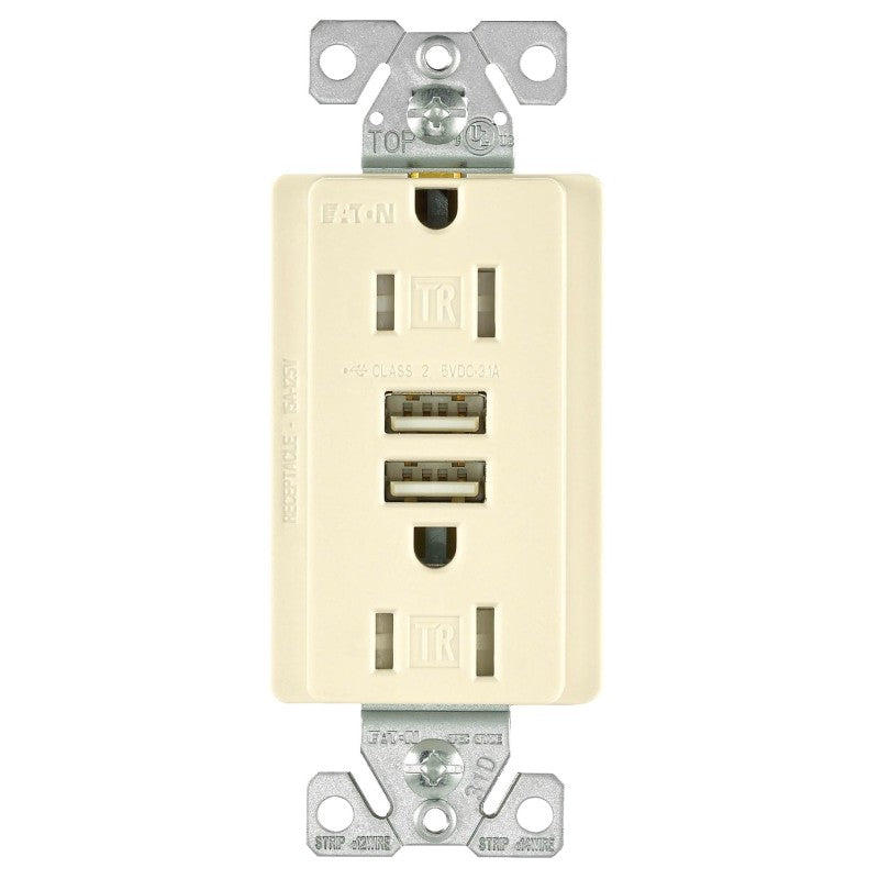 Arrow Hart TR7755LA-K Series Combination USB Receptacle, Light Almond, 2-Pole, 3.1 A USB, 15 A Receptacle, 2-USB Port