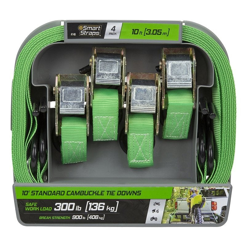 SmartStrap 146 Tie-Down, Cam Buckle, 1 in W, 10 ft L, Steel, Green, 300 lb, S-Hook End Fitting, Steel End Fitting