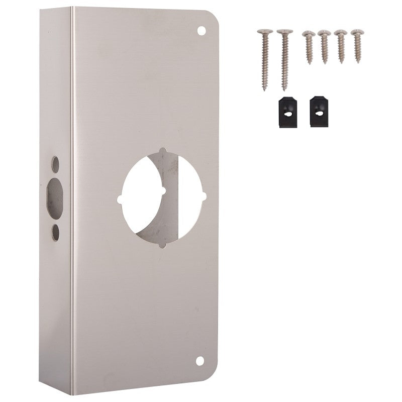 ProSource HSH-050SBN-PS Door Reinforcer, 2-3/8 in Backset, 1-3/4 in Thick Door, Steel, Satin Nickel, 9 in H, 4 in W