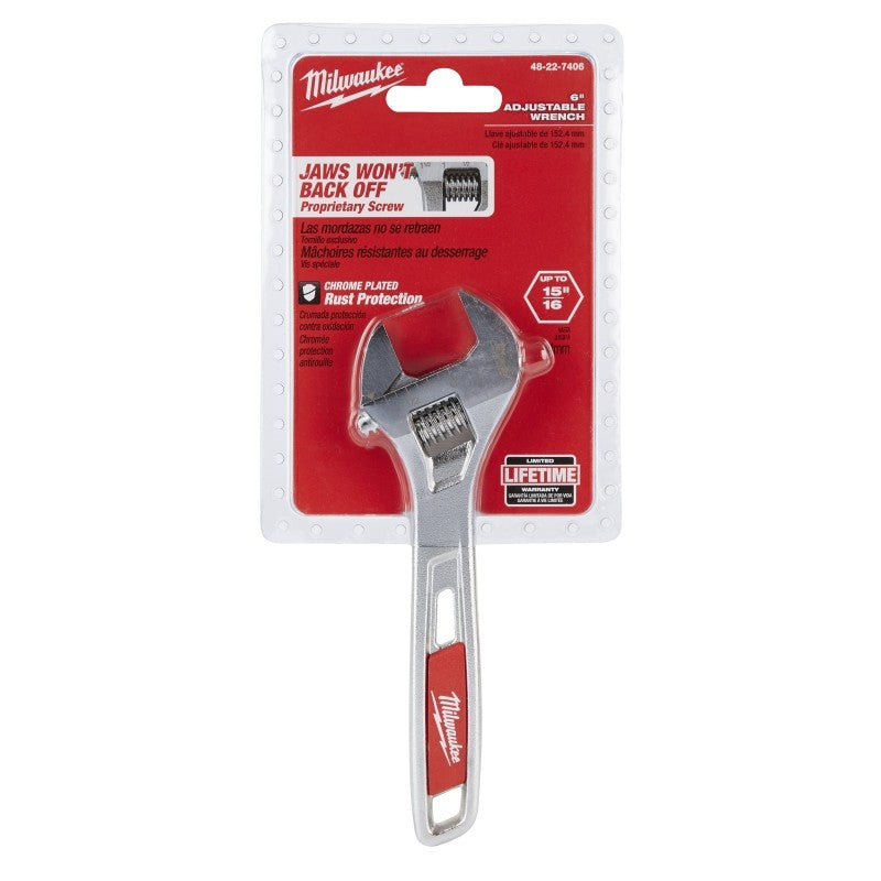 Milwaukee 48-22-7406 Adjustable Wrench, 6 in OAL, 15/16 in Jaw, Steel, Chrome, Ergonomic Handle