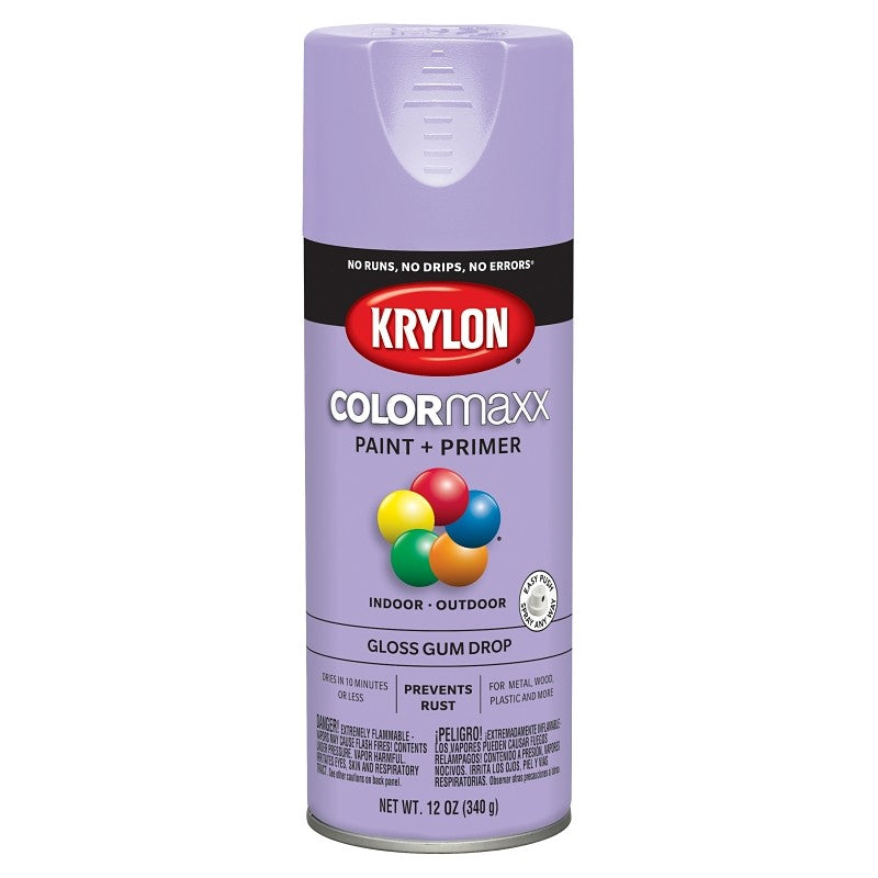 Krylon K05521007 Enamel Spray Paint, 12 oz Can, 25 sq-ft Coverage Area, Solvent Base, Gloss, Gum Drop