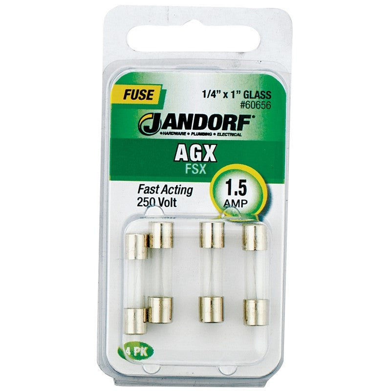Jandorf 60656 Series Fast Acting Fuse, 0.06 Ohm, 1.5 A, 250 V, 100 A, 10 kA Interrupt, Glass Body