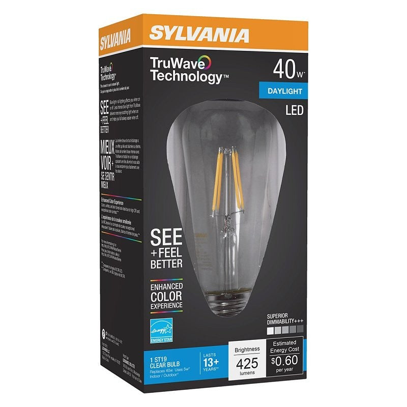 Sylvania Natural 41330 LED Bulb, ST19 Lamp, 40 W Equivalent, E26 Medium Lamp Base, Dimmable, Clear, Daylight Light