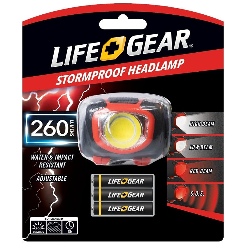 LifeGear 41-3765 Headlamp, AAA Battery, Alkaline Battery, LED Lamp, 260, 3 hr Run Time, Black/Red