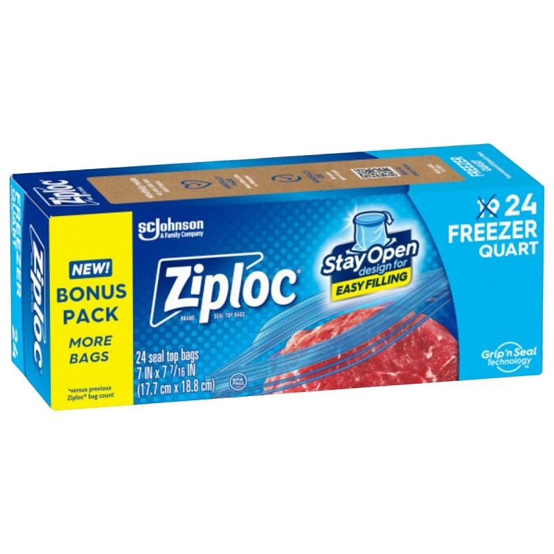 Ziploc 00388 Series Freezer Bag, Zipper Closure, 7 in W, 7-7/16 in L, 1 qt Capacity, 19/PK