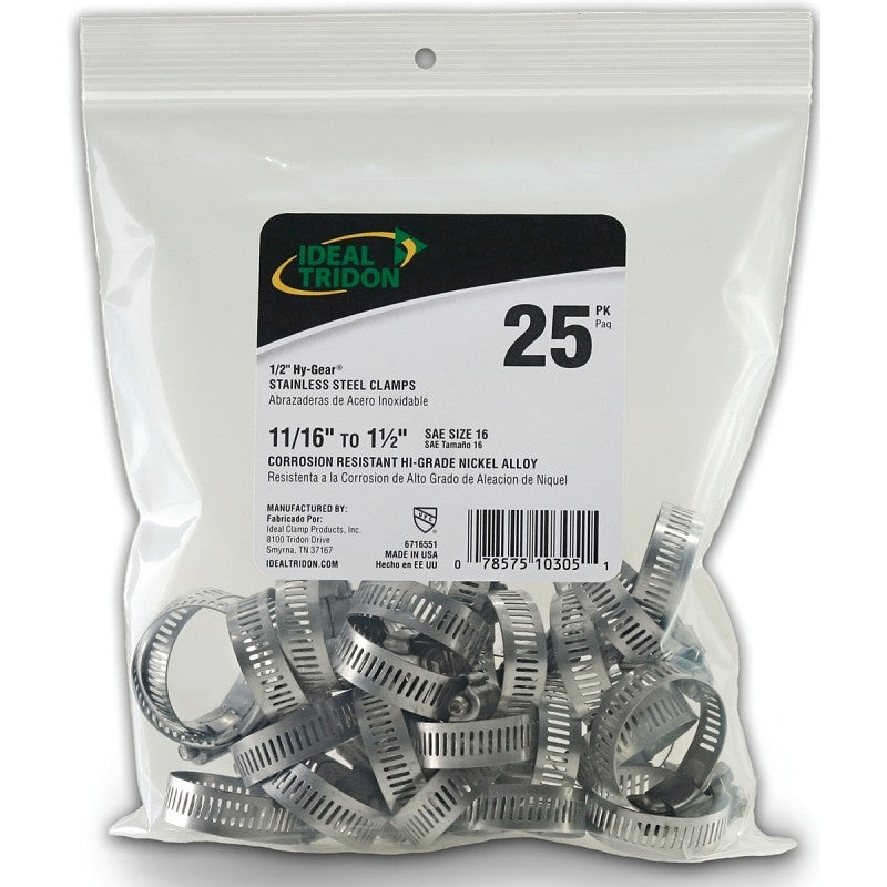 Ideal-Tridon Hy-Gear 67-6 Series 6716550 Worm Gear Hose Clamp, #16, 11/16 to 1-1/2 in, Stainless Steel
