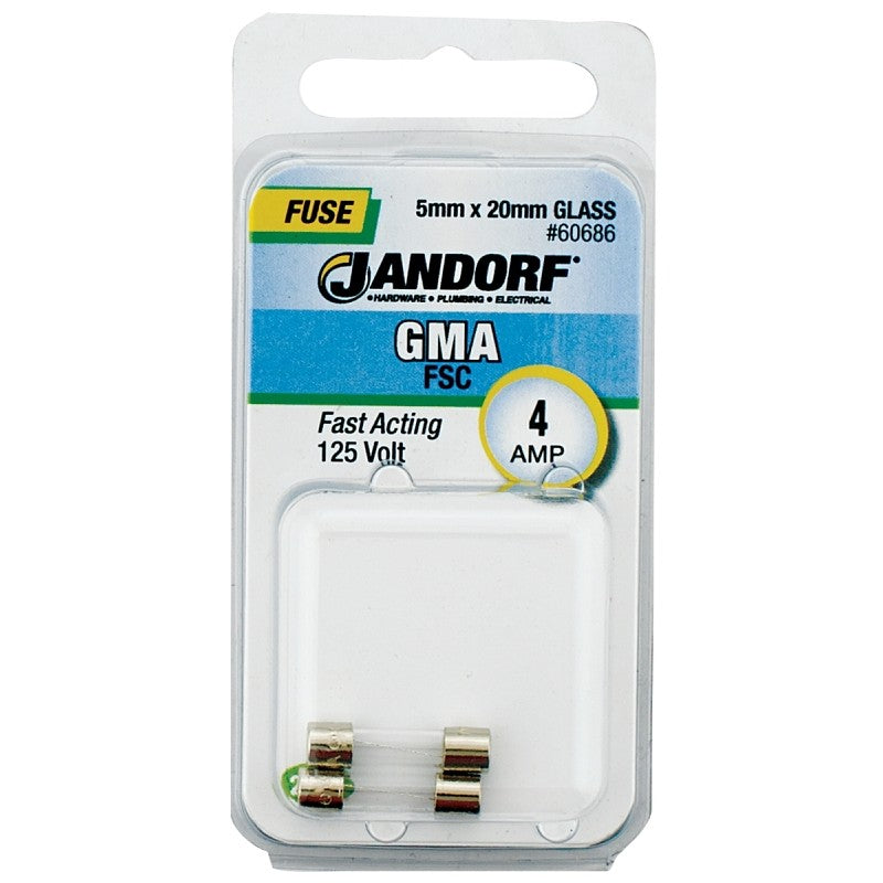Jandorf 60686 Fast Acting Fuse, 4 A, 125 V, 10 kA Interrupt, Glass Body
