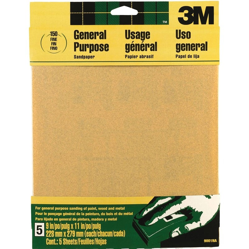 3M 9001 Sandpaper Sheet, 11 in L, 9 in W, Fine, 150 Grit, Aluminum Oxide Abrasive, Paper Backing