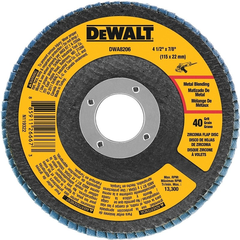 DEWALT DWA8206 Flap Disc, 4-1/2 in Dia, 7/8 in Arbor, Coated, Zirconium Oxide Abrasive, 40 Grit, Coarse