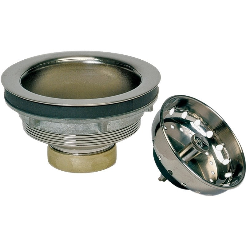 Plumb Pak K5435DSBN Sink Strainer, 4-1/2 in Dia, Brass, Brushed Nickel, For: 3-1/2 in Sink Openings, Neoprene Stopper