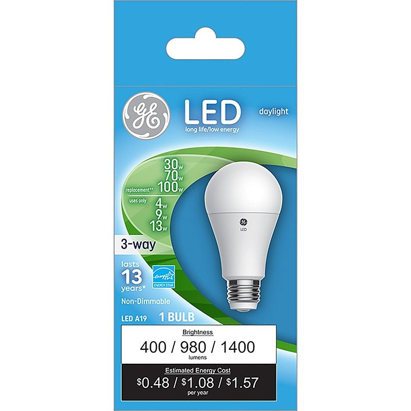 GE 93126857 Light Bulb, 3-Way, A19 Lamp, 30, 70, 100 W Equivalent, Medium Lamp Base, Non-Dimmable, White, Daylight
