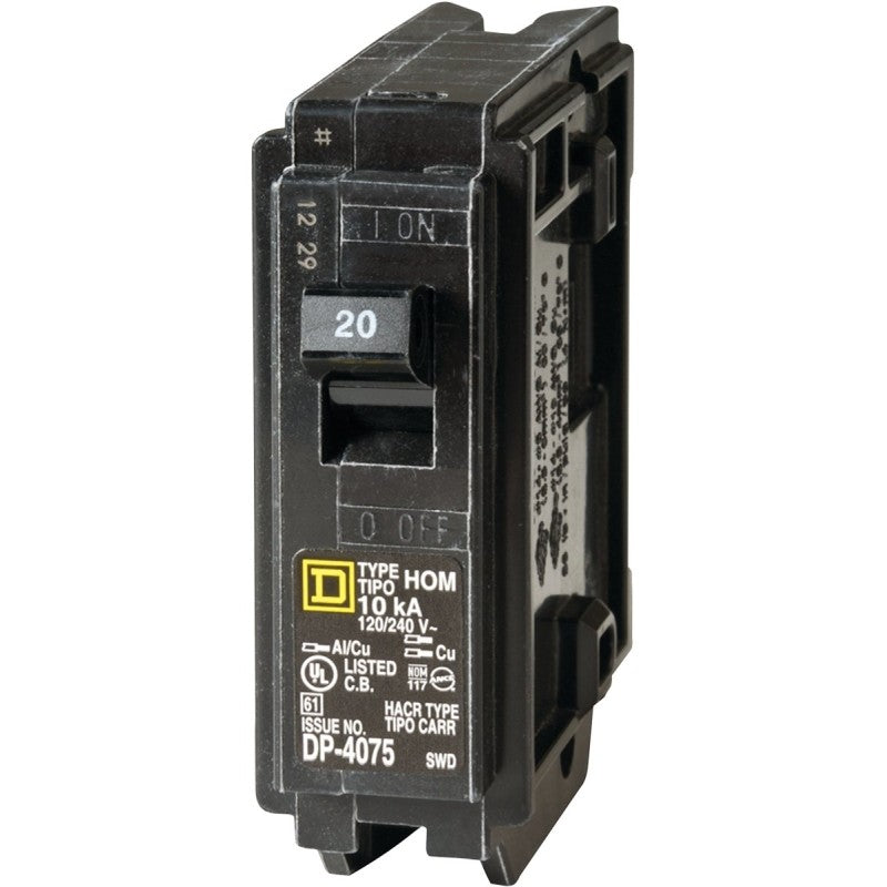 Square D Homeline HOM120C Circuit Breaker, Mini, 20 A, 1 -Pole, 120 V, Plug Mounting, Black