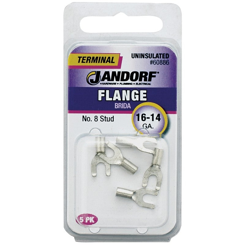 Jandorf 60886 Spade Terminal, 16 to 14 AWG Wire, #8 Stud, Copper Contact