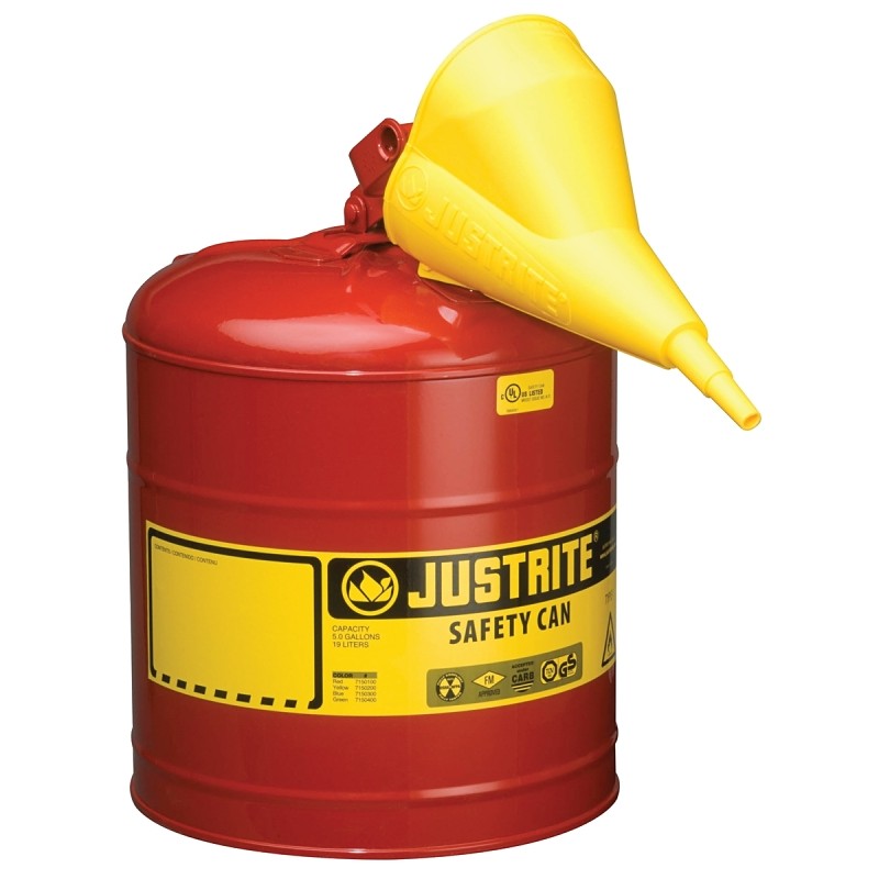 Justrite 7150110 Safety Can, 11-3/4 in Dia, 16-7/8 in OAH, 5 gal, Steel, Red
