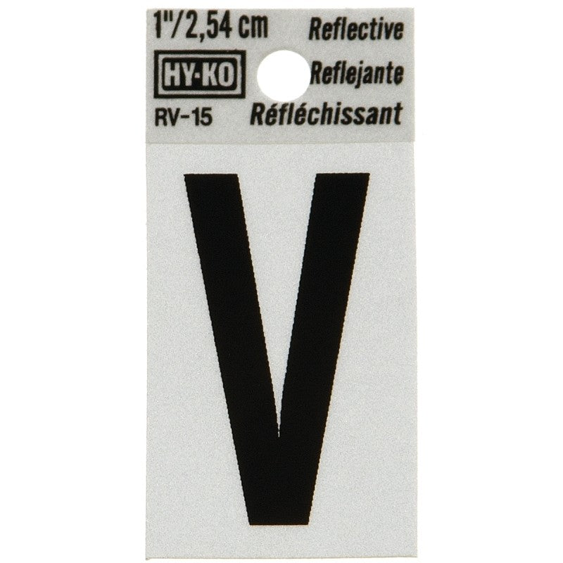 Hy-Ko RV-15/V Reflective Letter, Character: V, 1 in H Character, Black Character, Silver Background, Vinyl (Pack of 10)