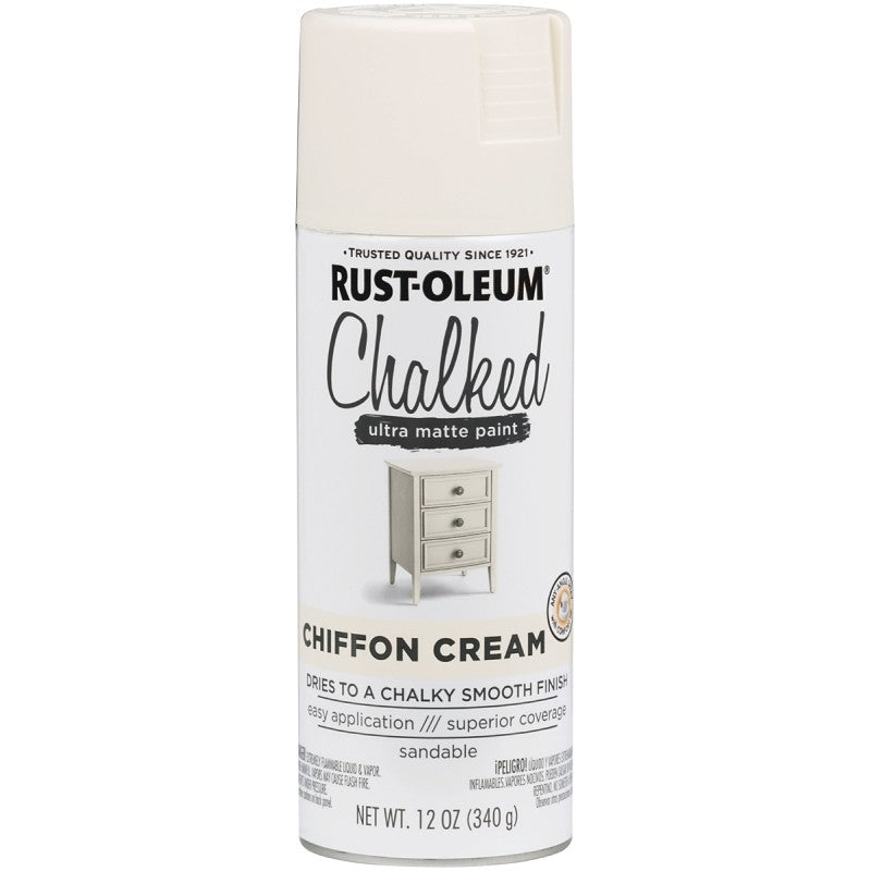Rust-Oleum 302596 Chalk Spray Paint, 12 oz Can, 12 sq-ft Coverage Area, Oil Base, Ultra Matte, Chiffon Cream
