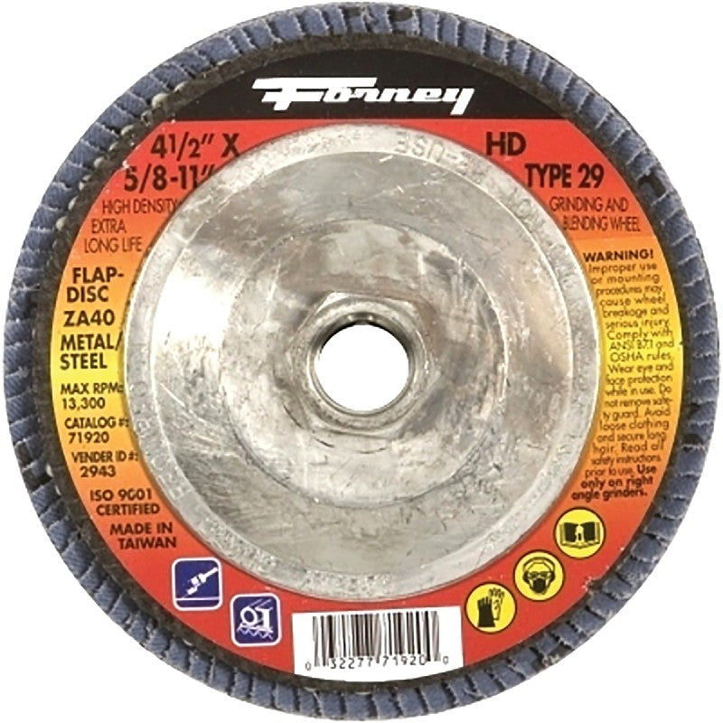 Forney 71920 Flap Disc, 4-1/2 in Dia, 5/8-11 Arbor, 40 Grit, Medium, Zirconia Aluminum Abrasive