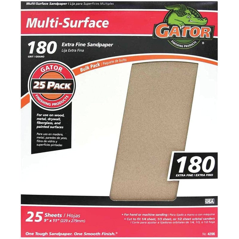 Gator 3261 Sanding Sheet, 11 in L, 9 in W, Aluminum Oxide Abrasive, 180 Grit, Extra Fine