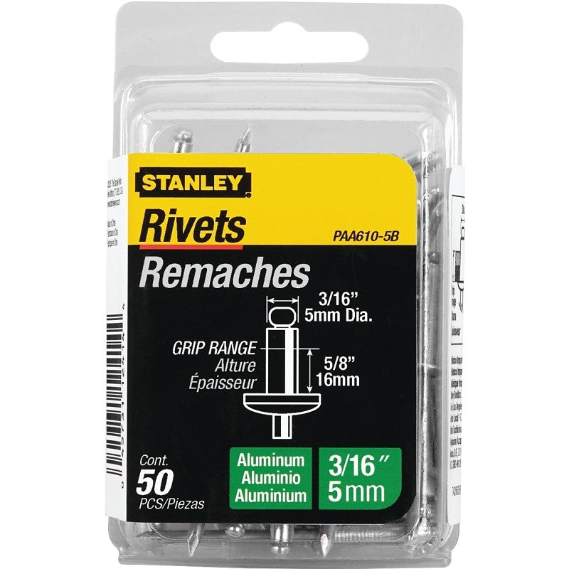 STANLEY PAA610-5B Pop Rivet, Reusable, 5/8 in Grip, 3/16, Aluminum, 50/PK