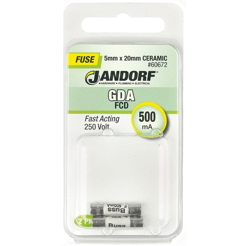 Jandorf 60672 Fast Acting Fuse, 0.46 Ohm, 500 mA, 250 V, 1500 A Interrupt, Ceramic Body