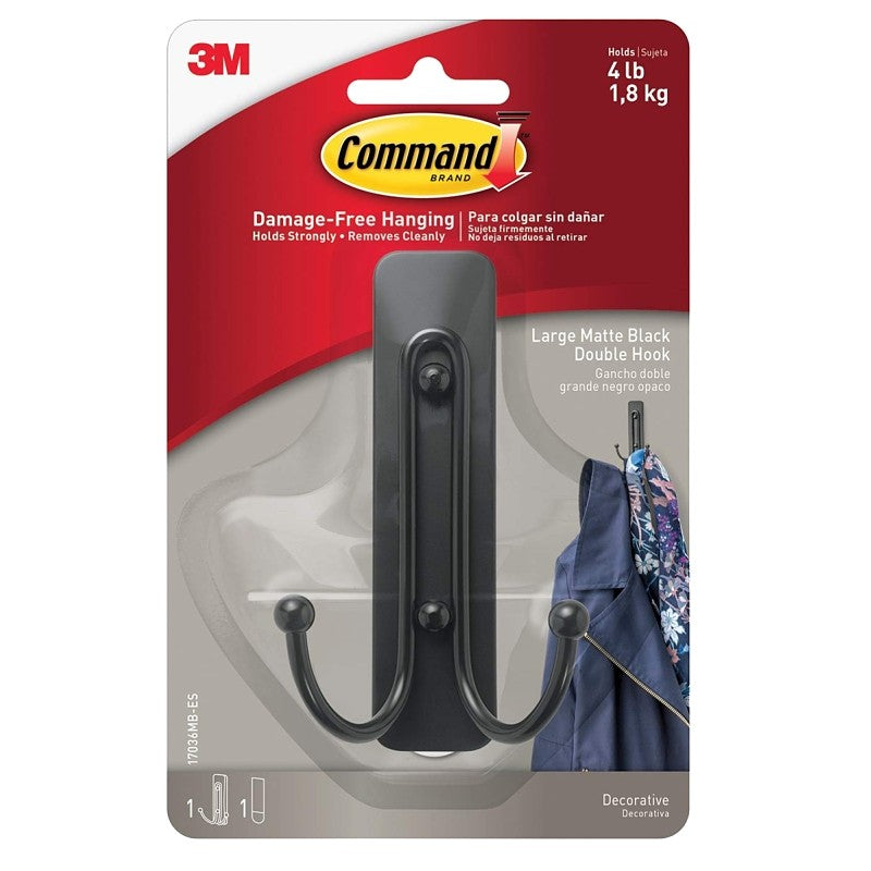 Command 17036MB-ES Large Decorative Double Hook, 5 lb, 1-Hook, Metal/Plastic, Black, Matte (Pack of 4)