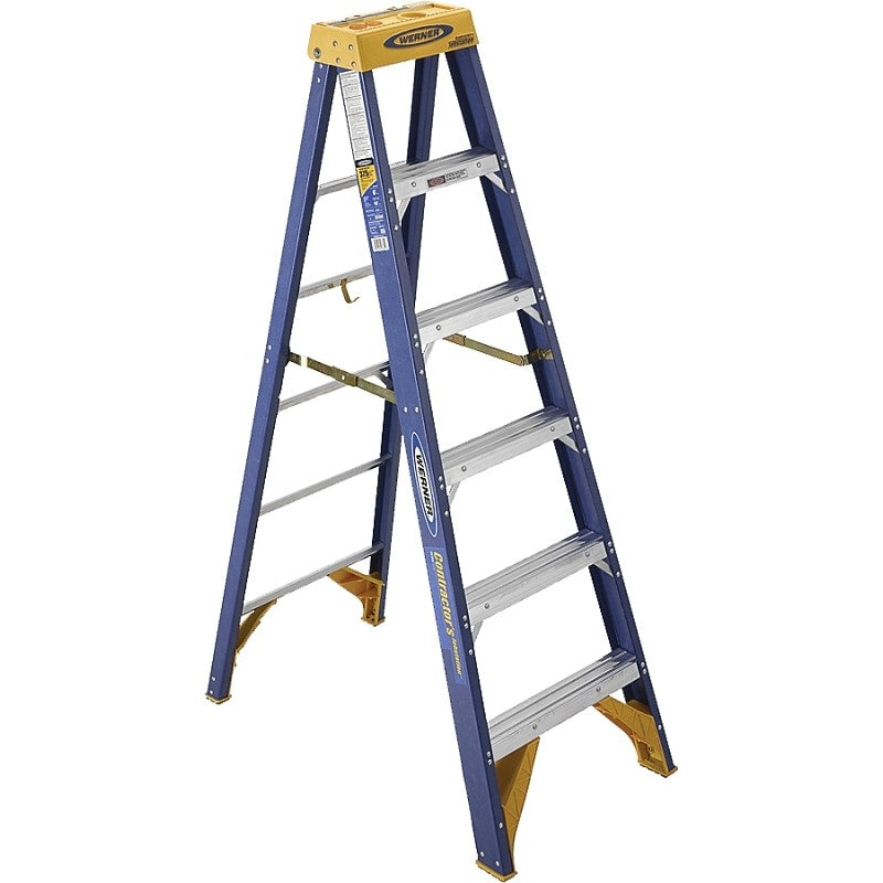 WERNER Old Blue OBCN06 Step Ladder, 10 ft Max Reach H, 5-Step, 375 lb, Type IAA Duty Rating, 3 in D Step, Fiberglass