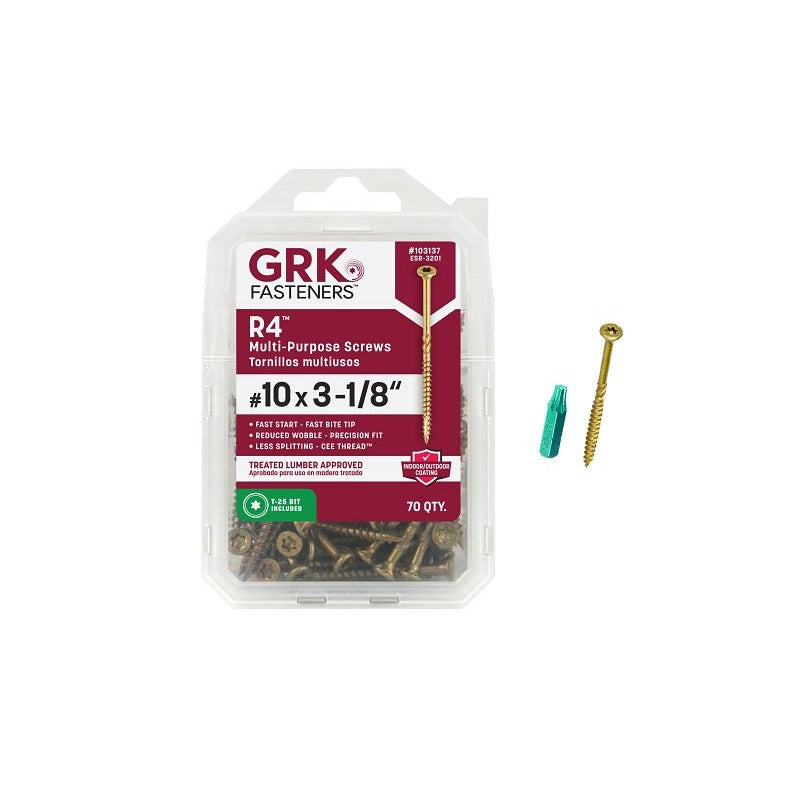 GRK Fasteners R4 103137 Framing and Decking Screw, #10 Thread, 3-1/8 in L, Bugle Head, Star Drive, Steel, 70 PK