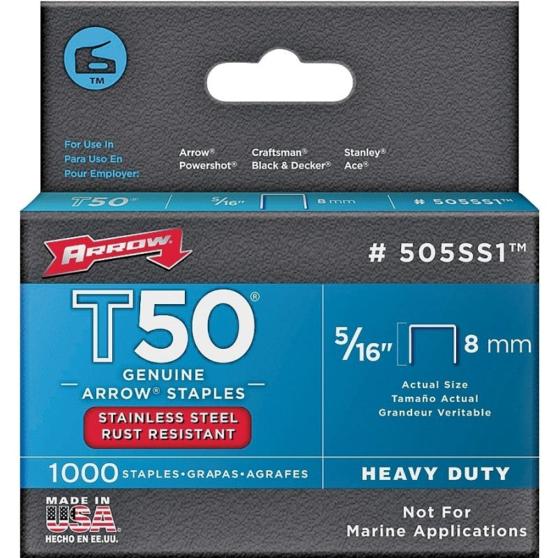 Arrow T50 Series 505SS1 Staple, 3/8 in W Crown, 5/16 in L Leg