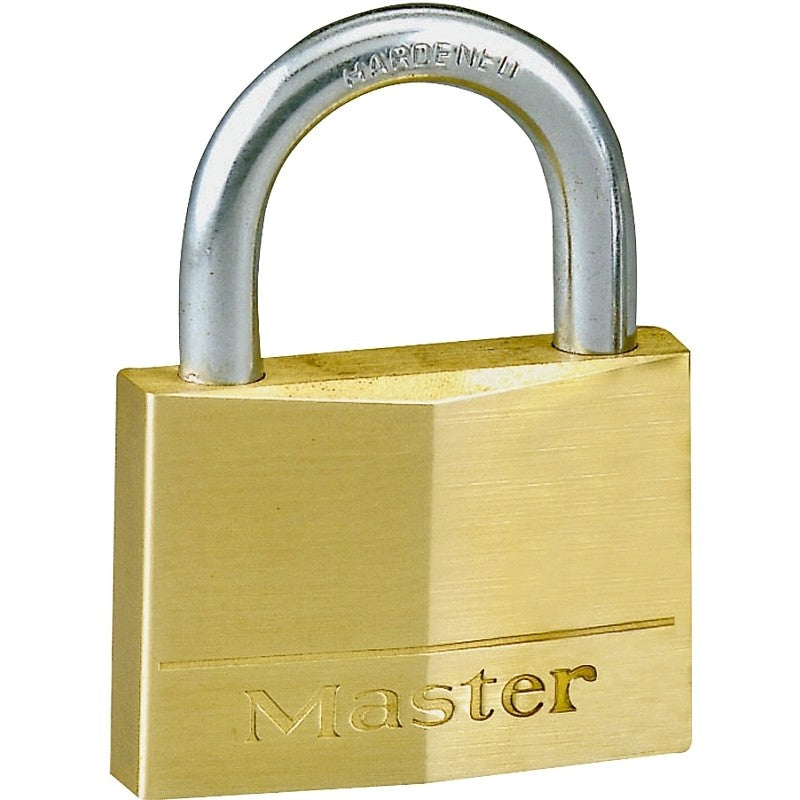 Master Lock 150D Padlock, Keyed Different Key, 9/32 in Dia Shackle, Steel Shackle, Solid Brass Body, 2 in W Body