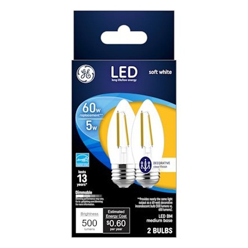 GE 93129349 Decorative LED Light Bulb, Blunt Tip, BM Lamp, 60 W Equivalent, E26/24 Medium Lamp Base, Yes, Clear