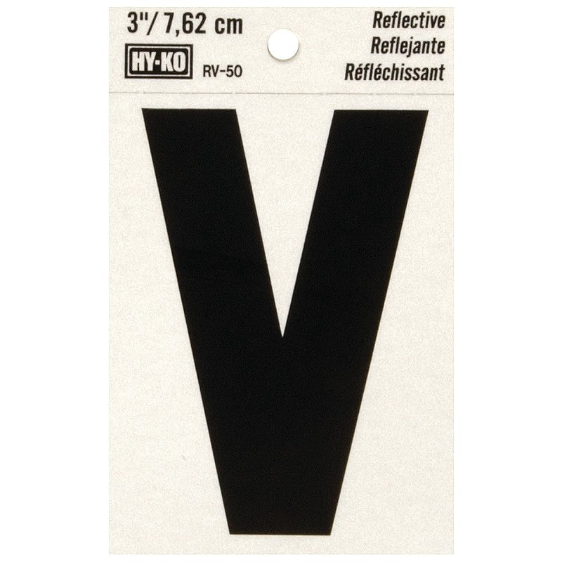 Hy-Ko RV-50/V Reflective Letter, 2-1/2 in W x 4 in H Dimensions, Character: V, 3 in H Character, Black Character, Vinyl (Pack of 10)