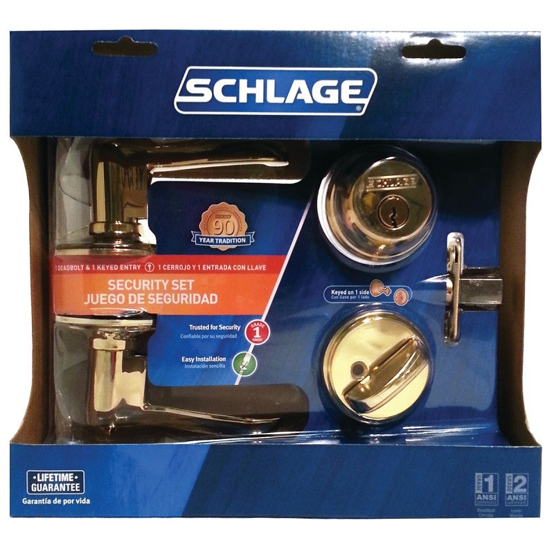 Schlage FB50NVFLA505 Knob Lockset, Mechanical Lock, Lever Handle, Wave Design, Bright Brass, 1 Grade, Metal