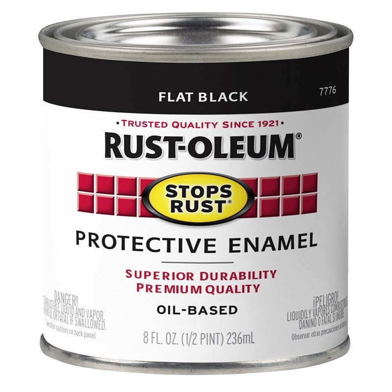 Rust-Oleum Stops Rust 7776730 Enamel Paint, Oil, Flat, Black, 0.5 pt, Can, 50 to 110 sq-ft/qt Coverage Area