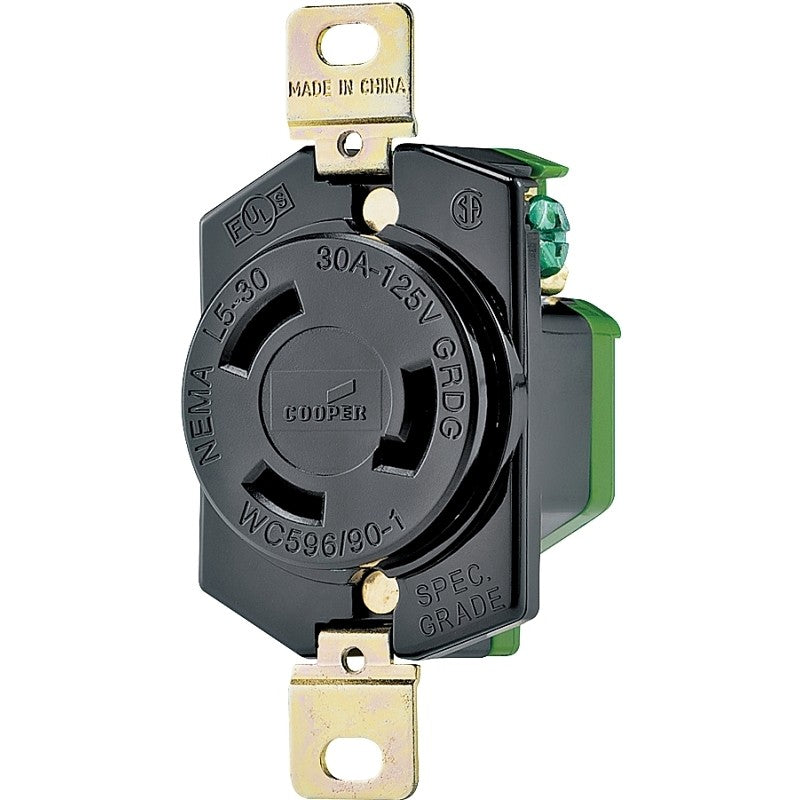 Eaton Wiring Devices L530R Single Receptacle, 2 -Pole, 125 V, 30 A, Back and Side Wiring, NEMA: NEMA L5-30, Black