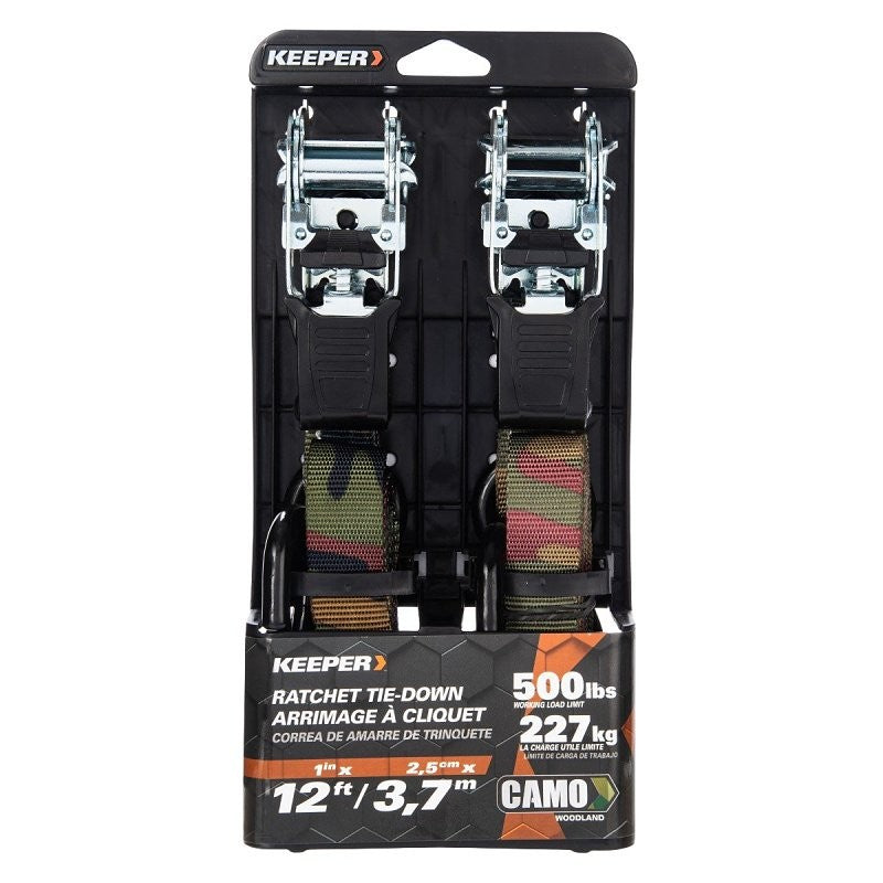 Keeper 03518 Tie-Down, 1 in W, 12 ft L, Polyester, Camouflage, 500 lb, S-Hook End Fitting