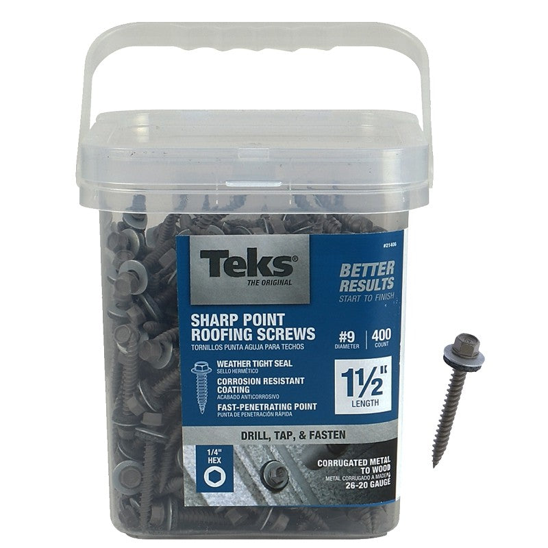 Teks 21406 Roofing Screw, #9 Thread, Coarse Thread, Hex Drive, Self-Tapping, Sharp Point, Steel, Zinc