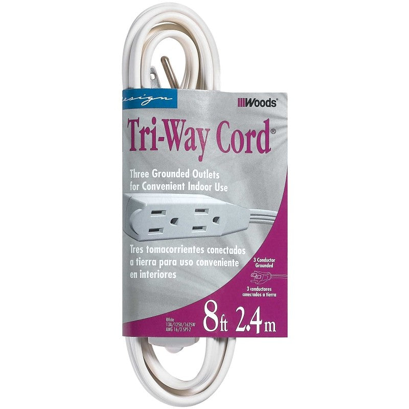 CCI 0609 Extension Cord, 16 AWG Cable, 8 ft L, 13 A, 125 V, White