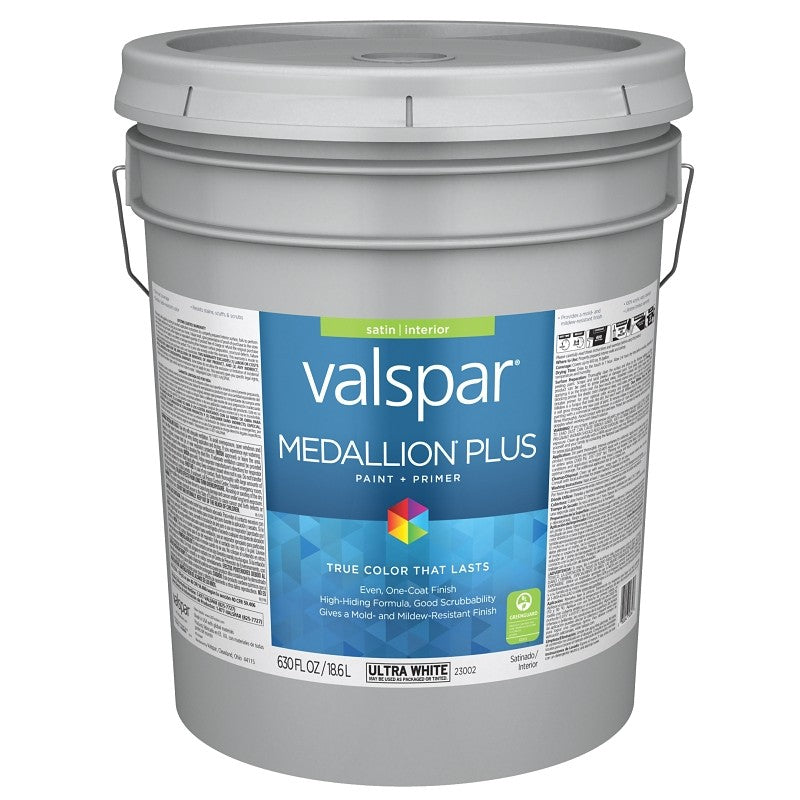 Valspar Medallion Plus 2300 028.0023002.008 Latex Paint, Acrylic Base, Satin Sheen, Ultra White Base, 5 gal