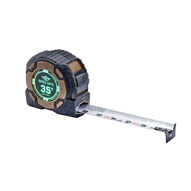 Spec Ops Elite Series SPEC-PTM35-F Fractional Tape Measure, 35 ft L Blade, 1-1/4 in W Blade, Steel Blade, ABS Case