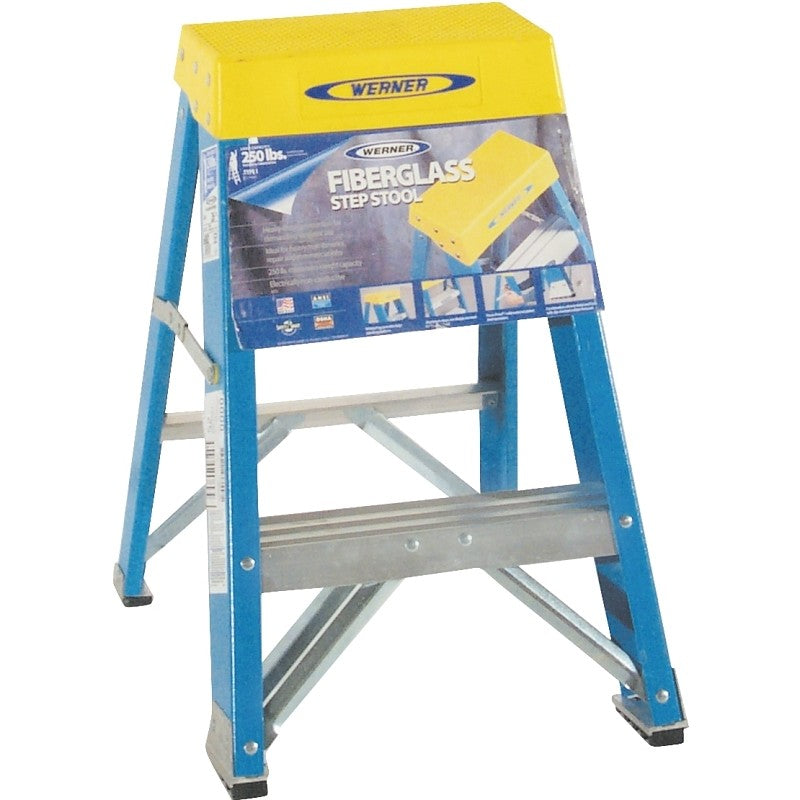 WERNER 6002 Step Ladder, 8 ft Max Reach H, 2-Step, 250 lb, Type I Duty Rating, 3 in D Step, Fiberglass, Blue