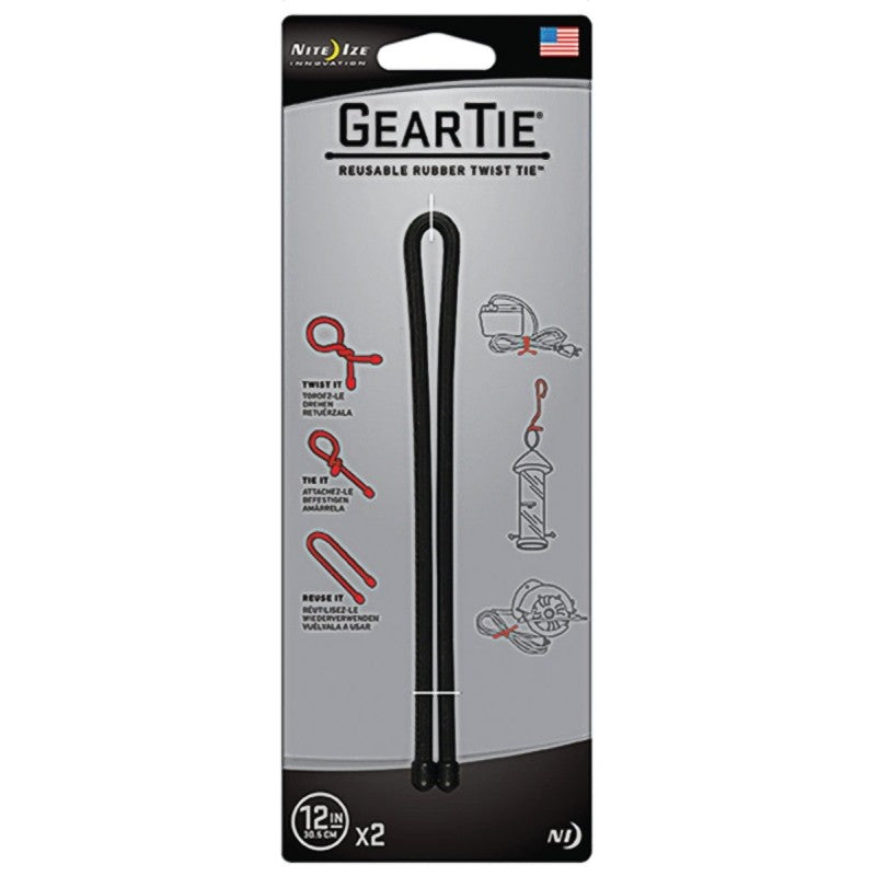 Gear Tie GT12-2PK-01 Twist Tie, Rubber, Black, 12 in L