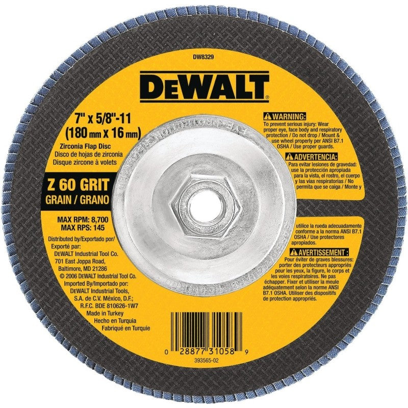 DEWALT DW8329 Flap Disc, 7 in Dia, 5/8-11 Arbor, Coated, 60 Grit, Medium, Zirconium Oxide Abrasive, Fiberglass Backing