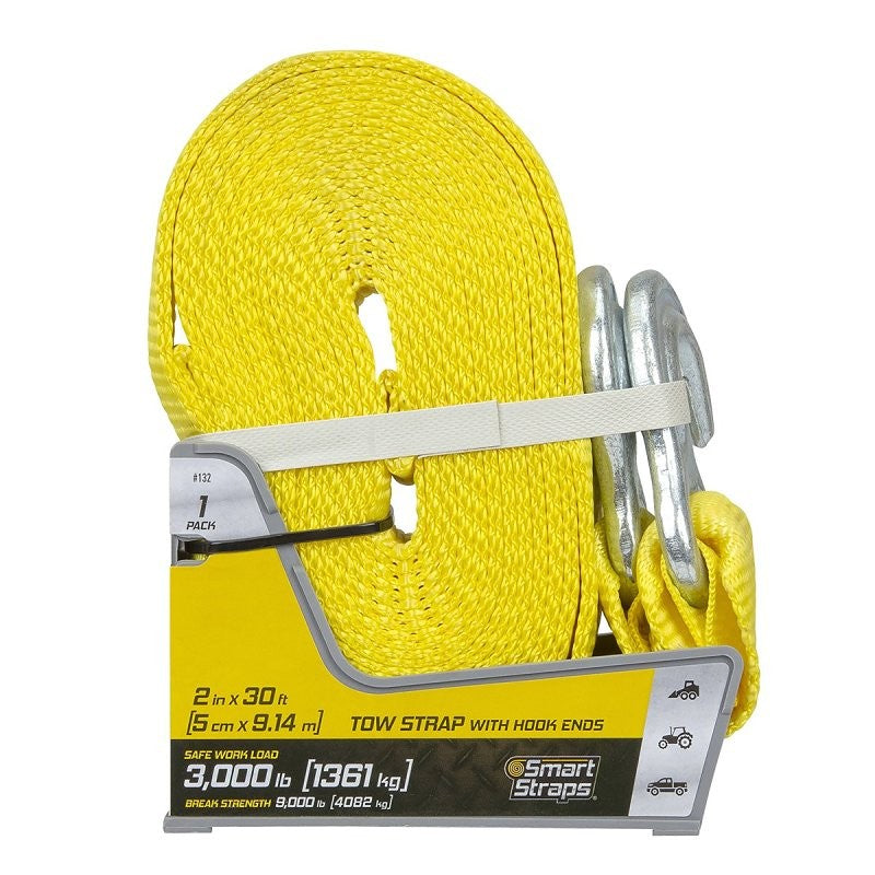 SmartStrap 132 Tow Strap, 3000 lb, 2 in W, 30 ft L, Hook End, Nylon, Yellow