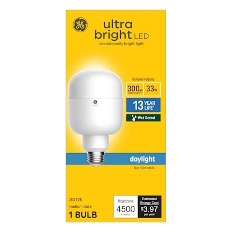 GE 93128936 LED Light Bulb, T25 Tubular Lamp, 300 W Equivalent, E26 Medium Lamp Base, Daylight Light, 5000 K Color Temp