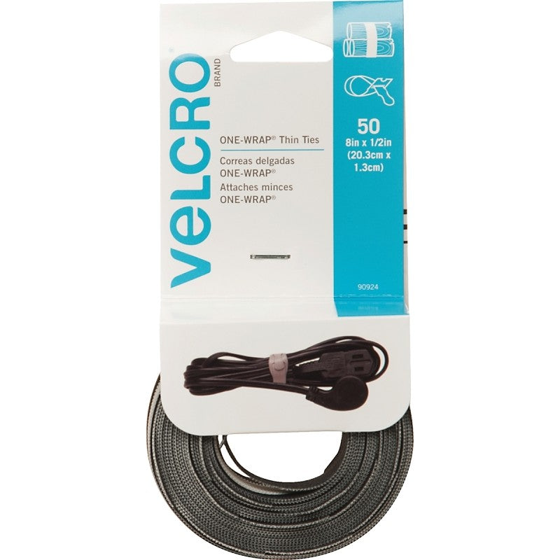 VELCRO Brand One Wrap 90924 Fastener, 1/2 in W, 8 in L, Black/Gray